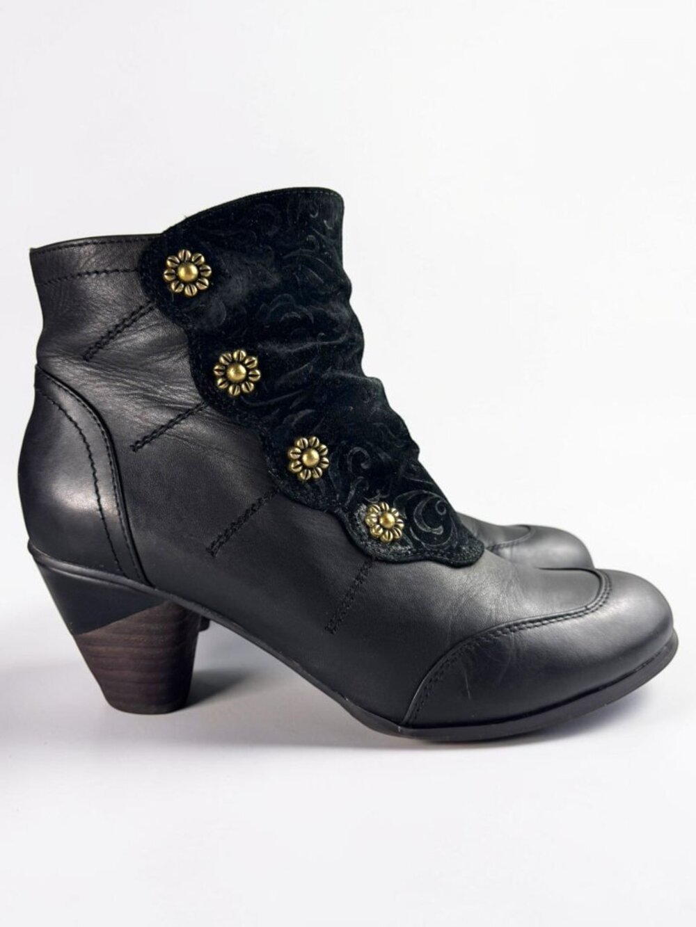 Women's Black Heeled Ankle Boots with Decorative Button Cuff